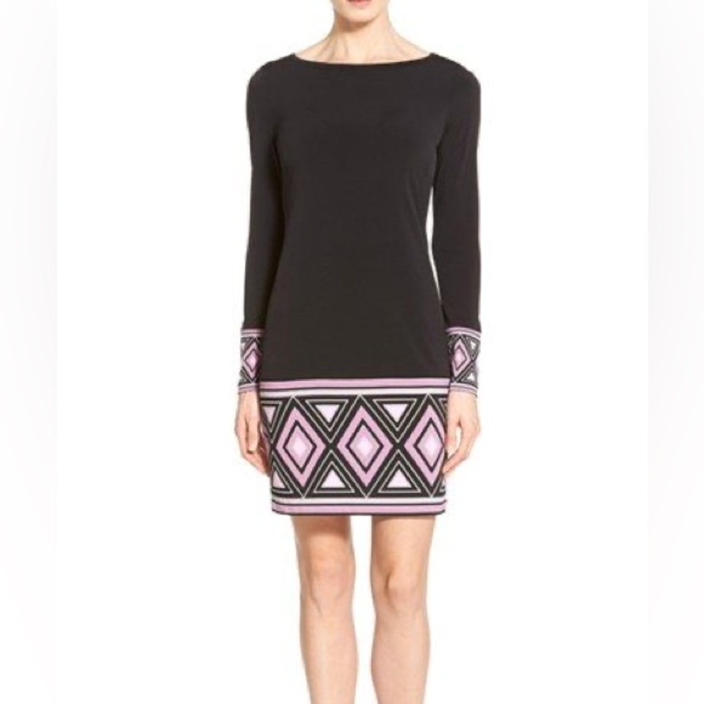 Michael KORS Black and Pink Pattern Hem Long-Sleeve Dress PXS